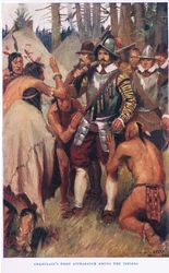 Champlain első megjelenése az indiánok között, illusztráció a „Kanada romantikájából”